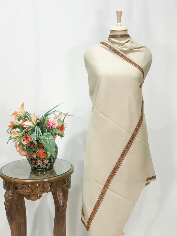 Natural Beige Pure Wool Shawl with Sozni Embroidery