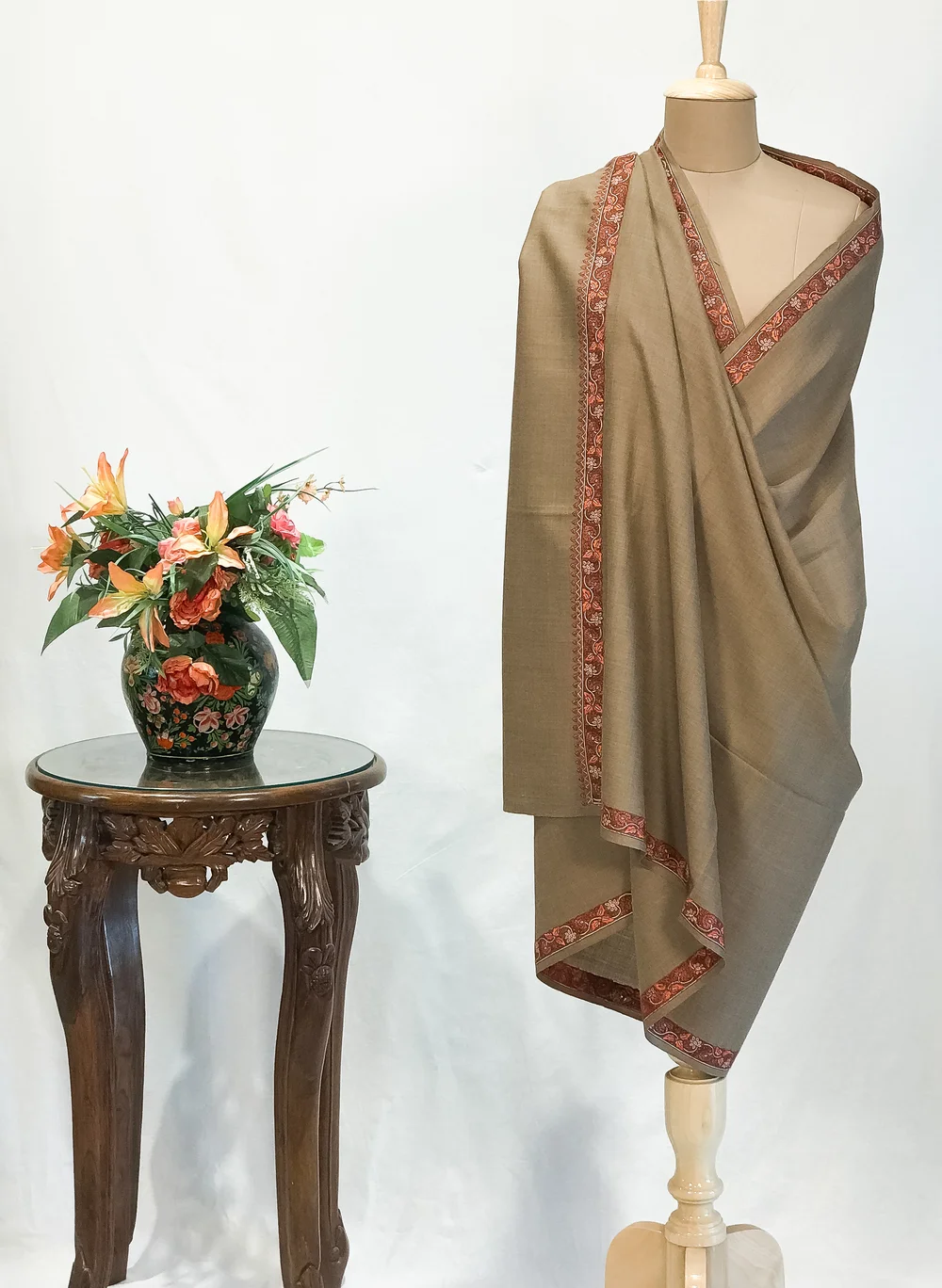 Pure Wool Sandcastle Shawl with Sozni Embroidery