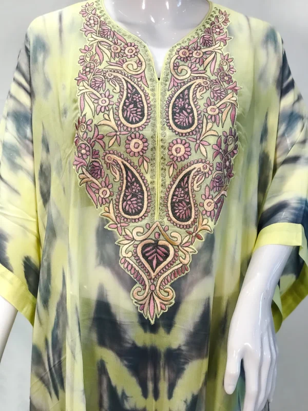 Yellow Tie n Dye Georgette Kaftan Kurti with Kashmiri Aari Embroidery front