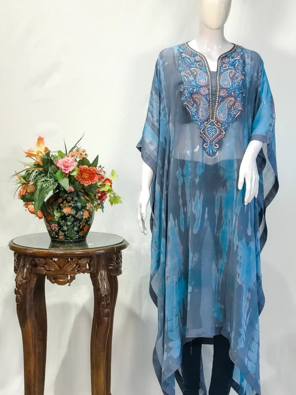 Grey Tie n Dye Georgette Kaftan Kurti with Kashmiri Aari and Tilla Embroidery