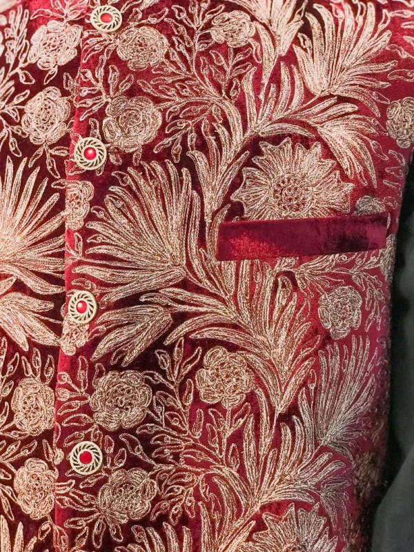 Maroon Nehru Jacket With Kashmiri Silk Thread Aari Embroidery front