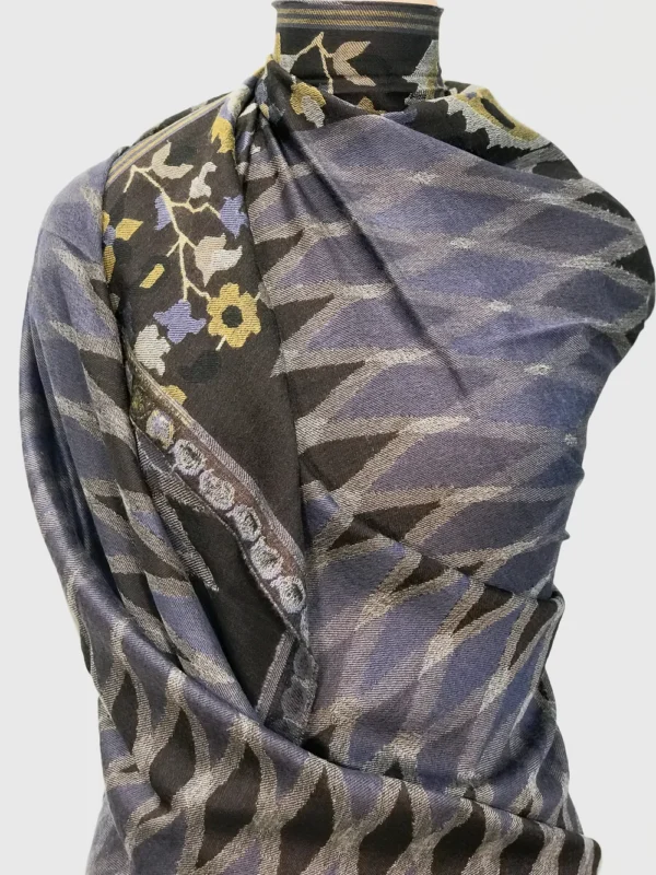 Black Soft Fine Wool Shawl with Kani Detailing with Ikat Design front
