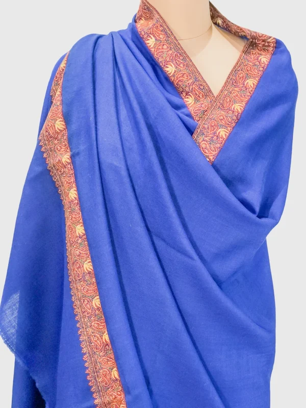 Royal Blue Soft Fine Wool Shawl with Sozni Hand Embroidery front