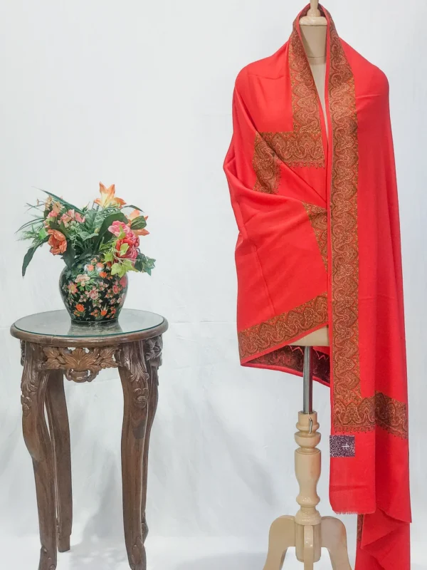 Red Soft Fine Wool Shawl with Sozni Embroidery (Paisley)