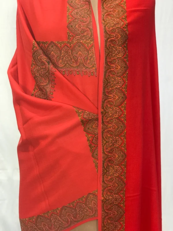 Red Soft Fine Wool Shawl with Sozni Embroidery (Paisley) front
