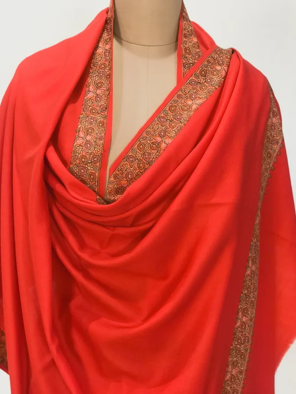 Red Soft Fine Wool Shawl with Sozni Embroidery (Floral) front