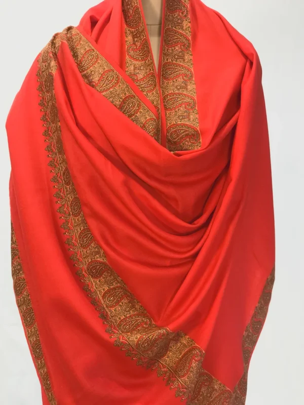 Red Soft Fine Wool Shawl with Sozni Embroidery (Big Paisley) front