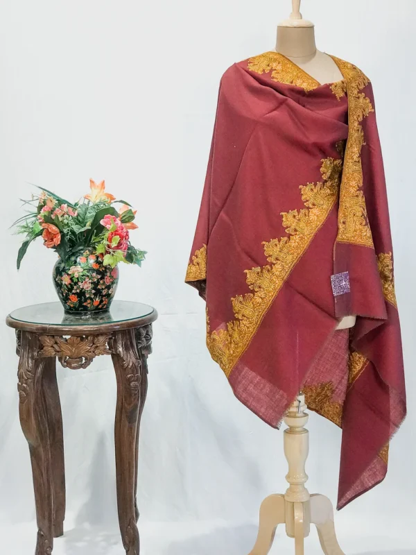 Textured Burgundy Soft Fine Wool Shawl with Sozni Embroidery