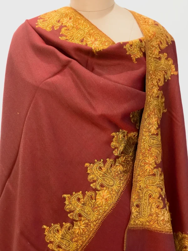 Textured Burgundy Soft Fine Wool Shawl with Sozni Embroidery front