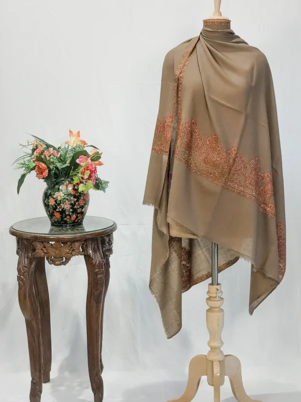 Textured Beige Soft Fine Wool Shawl with Sozni Embroidery