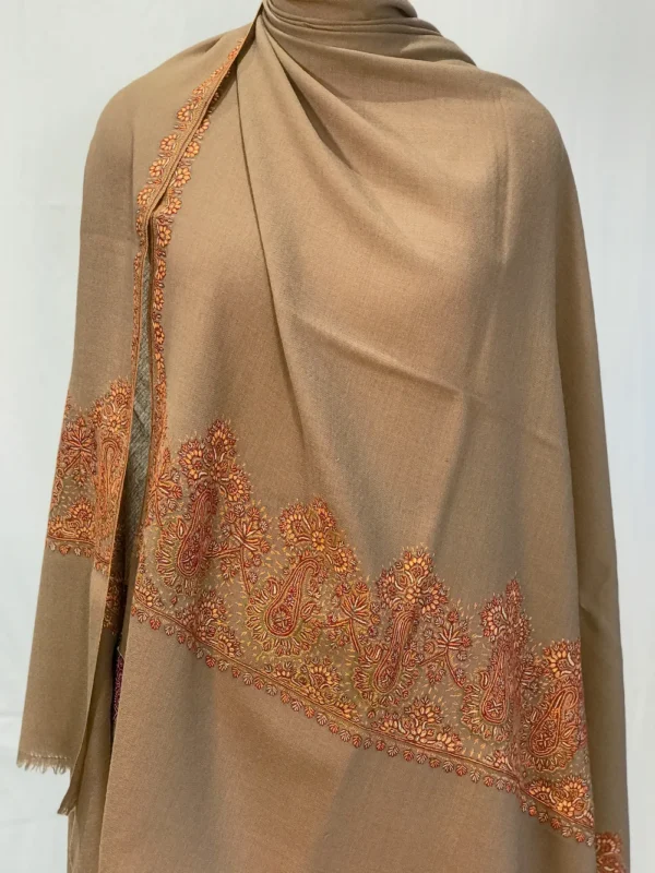 Textured Beige Soft Fine Wool Shawl with Sozni Embroidery front