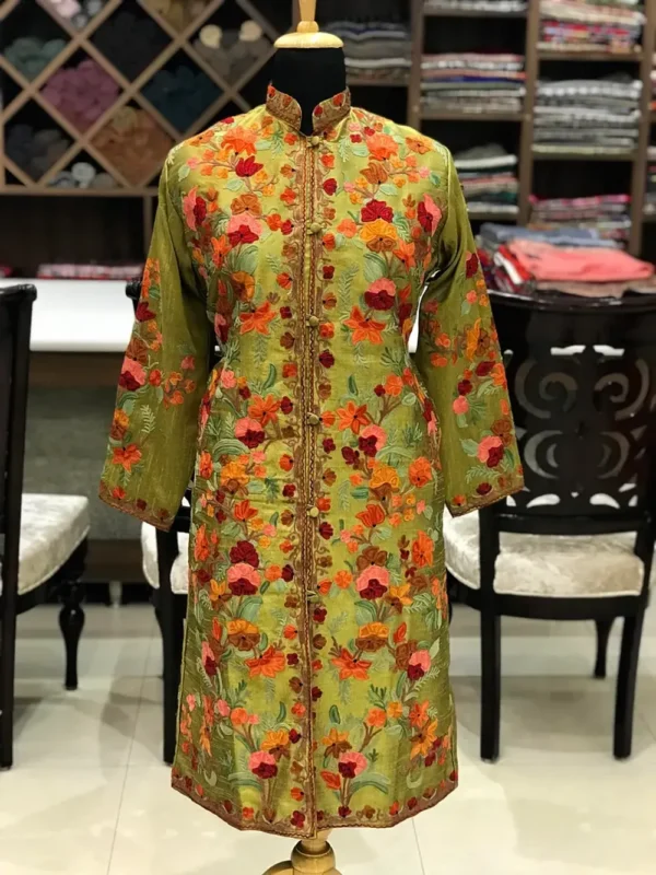 Kashmiri Aari Embroidered Olive Green Long Jacket