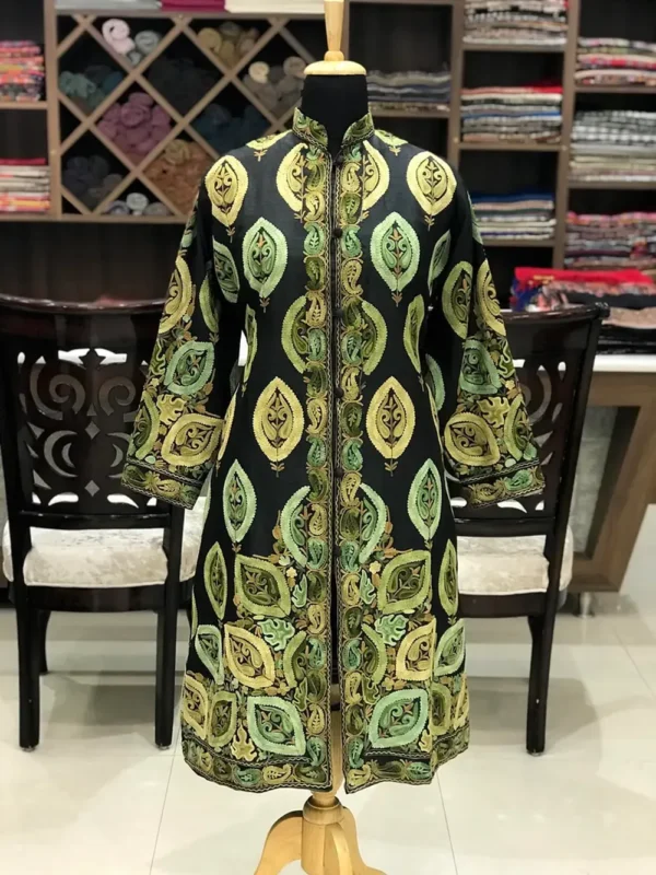Black Kashmiri Aari Embroidered Long Jacket