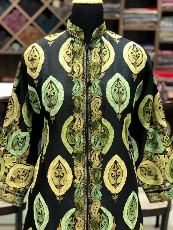 Black Kashmiri Aari Embroidered Long Jacket