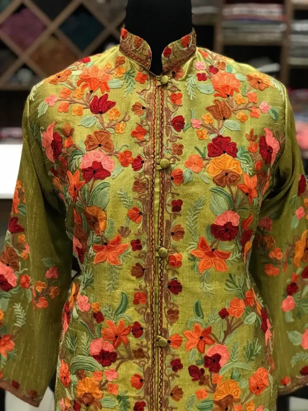 Kashmiri Aari Embroidered Olive Green Long Jacket