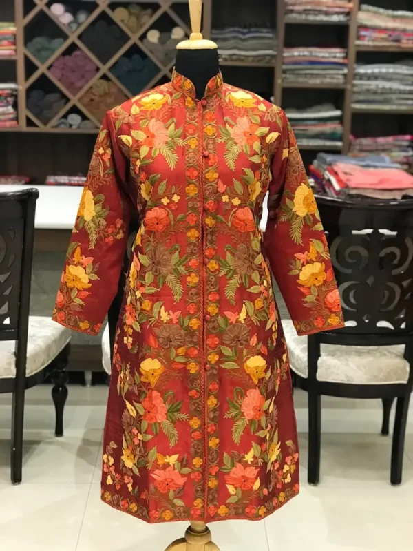 Red Kashmiri Aari Embroidered Long Jacket