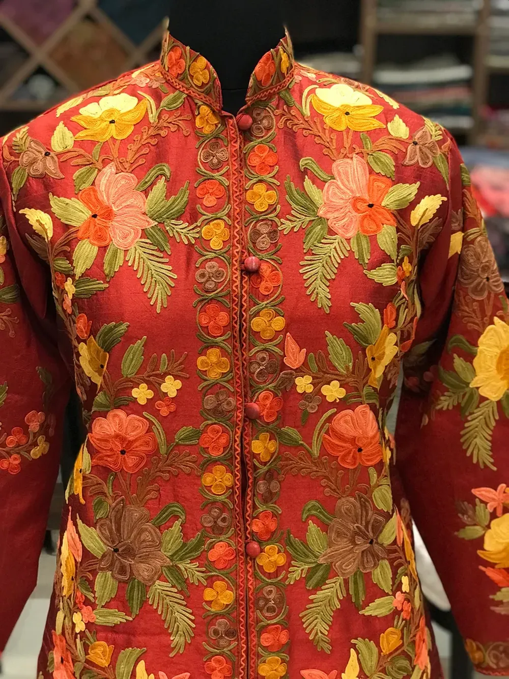 Red Kashmiri Aari Embroidered Long Jacket
