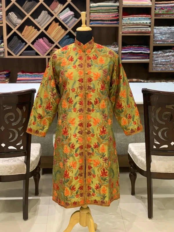 Olive Green Kashmiri Aari Embroidered Long JacketOlive Green Aari Embroidery Art Raw Silk Jacket