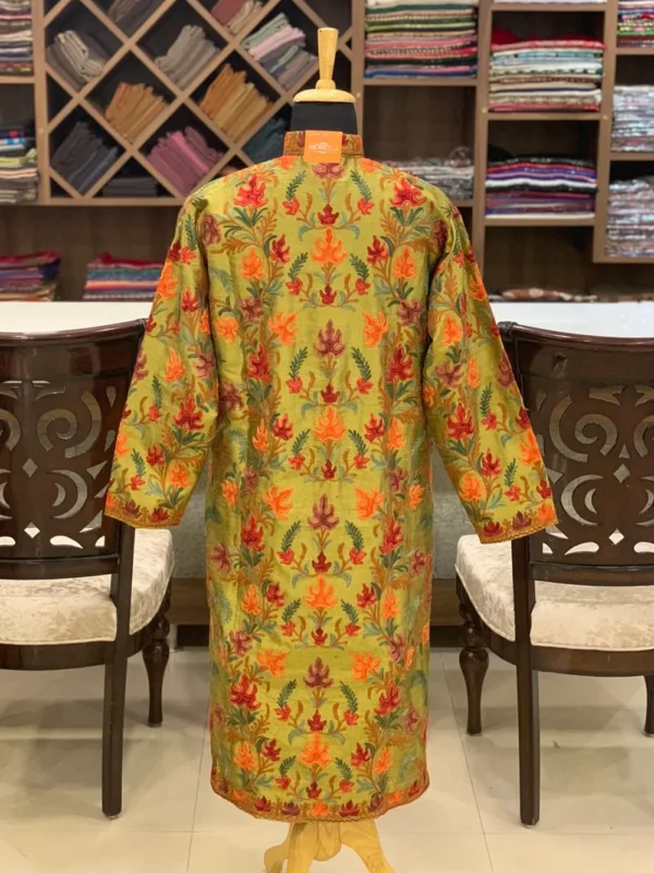 Olive Green Kashmiri Aari Embroidered Long JacketOlive Green Kashmiri Aari Embroidered Long JacketOlive Green Aari Embroidery Art Raw Silk Jacket