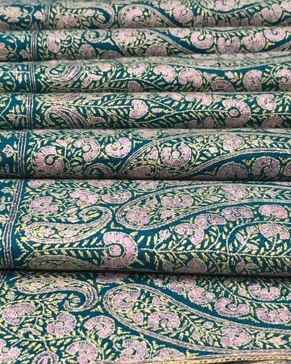 Blue Pure Pashmina Shawl with Intricate Sozni Embroidery