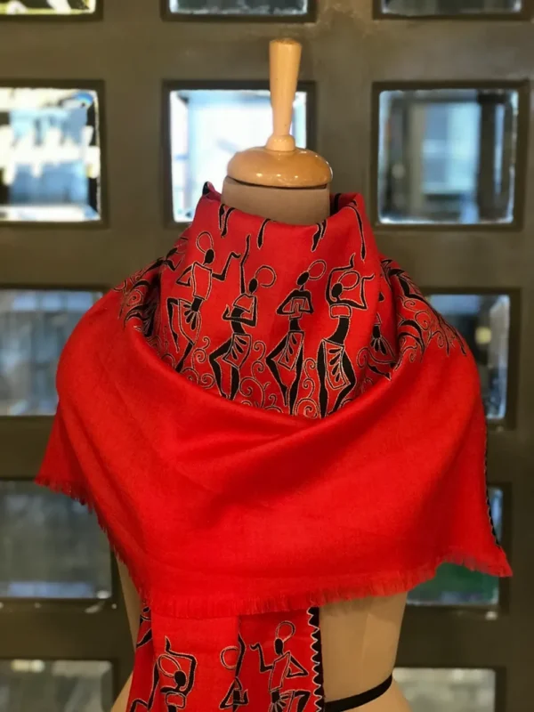 Red Pure Wool Scarf Tribal Thread Embroidered