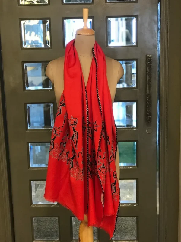Red Pure Wool Scarf Tribal Thread Embroidered