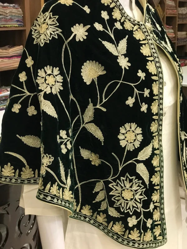 Bottle Green Velvet Cape Poncho with Kashmiri Zari Work