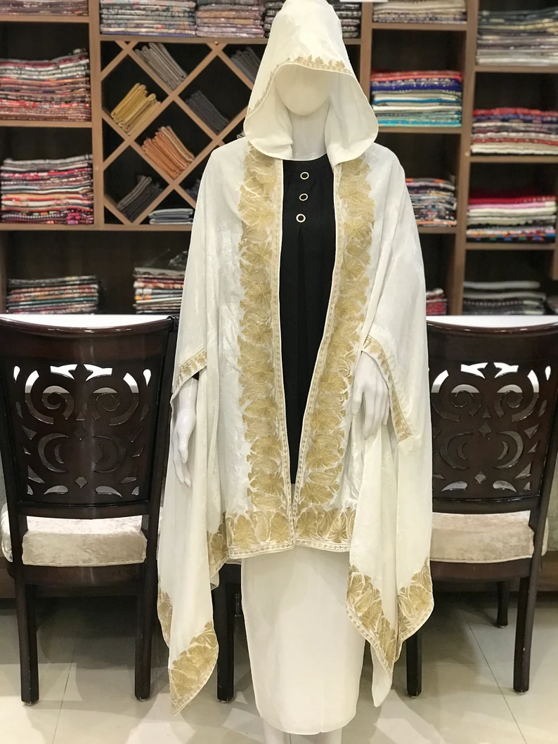 White Silk Velvet Cape with Kashmiri Zari Work