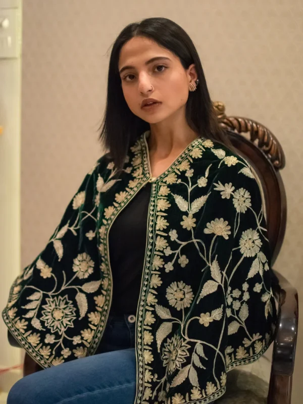 Bottle Green Velvet Cape Poncho with Kashmiri Zari Work