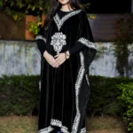Black Velvet Kaftan with Silver Kashmiri Tilla Embroidery