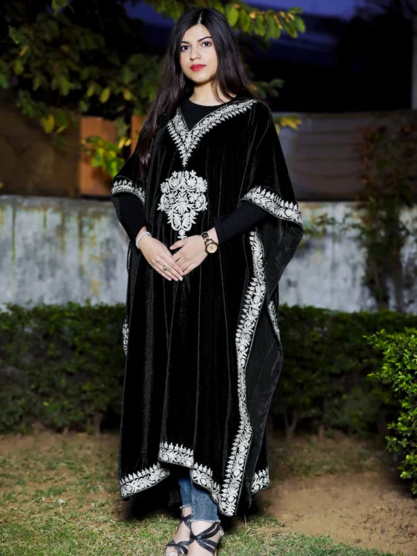 Black Velvet Kaftan with Silver Kashmiri Tilla Embroidery