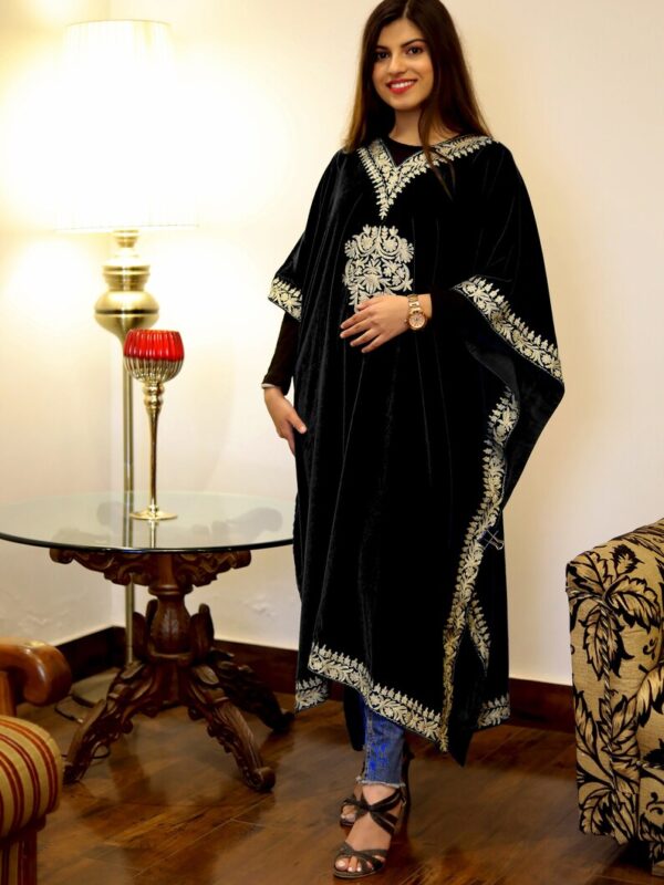Black Velvet Kaftan with Silver Kashmiri Tilla Embroidery
