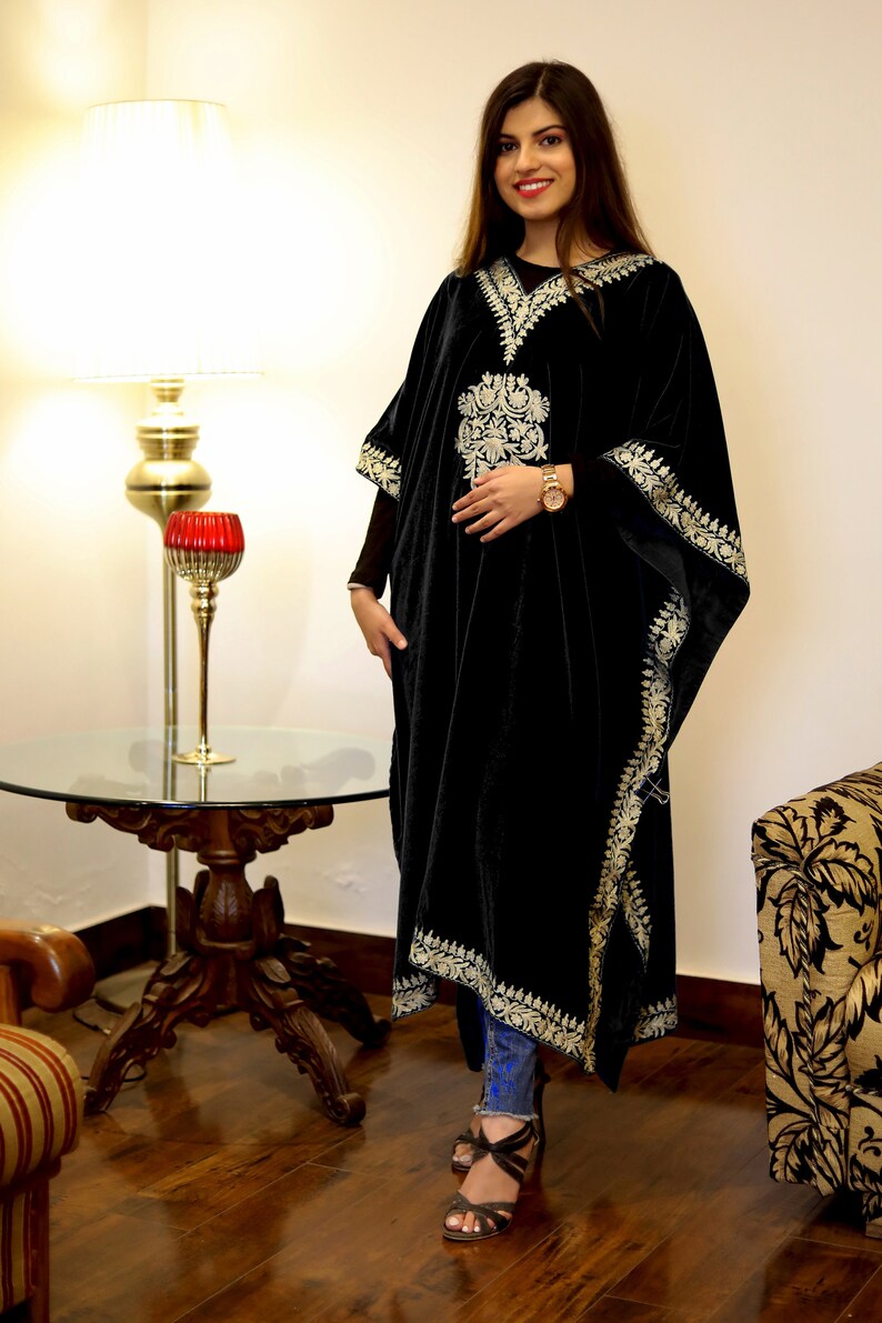 Black Velvet Kaftan with Silver Kashmiri Tilla Embroidery