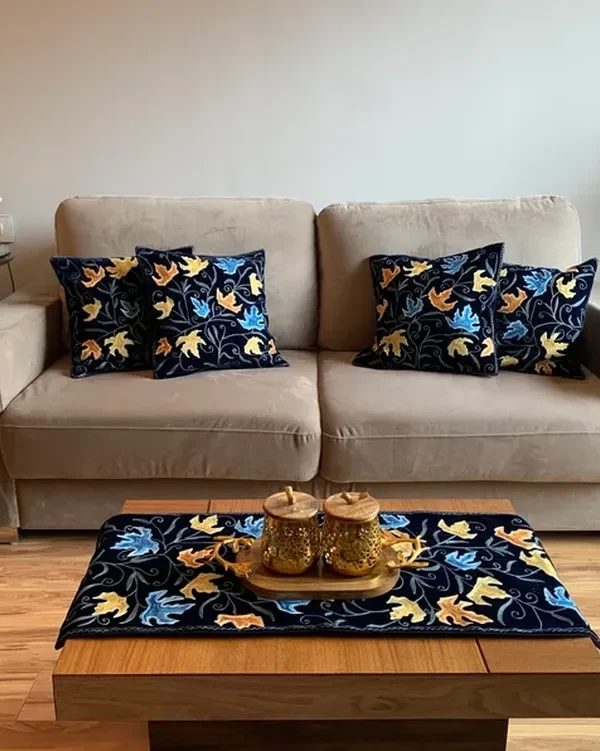Velvet Table Runner and 4 Cushion Covers Set Navy Blue with Chinar Embroidery