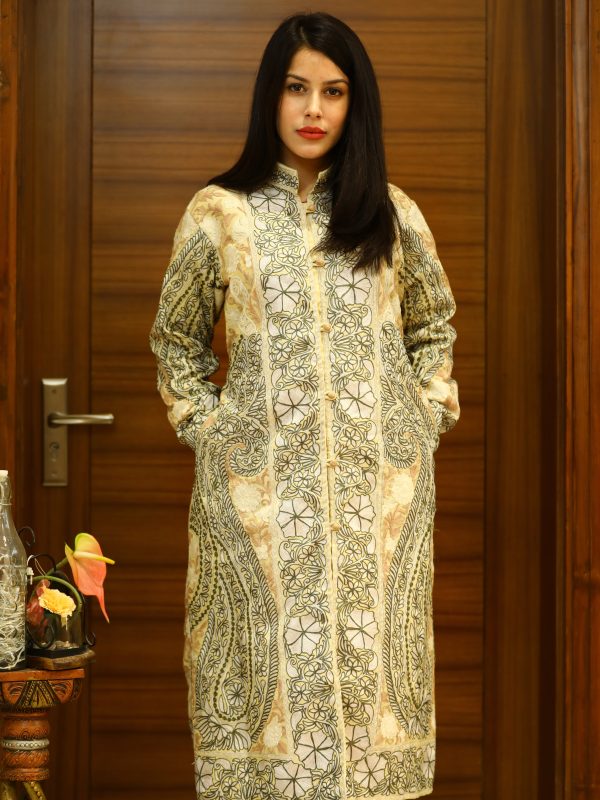 Light Yellow Pure Wool Kashmiri Jamawar Embroidered Women Coat