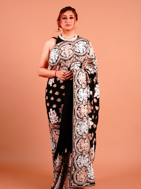 Black Viscose Georgette Zari & Aari Fusion Embroidered Kashmiri Saree
