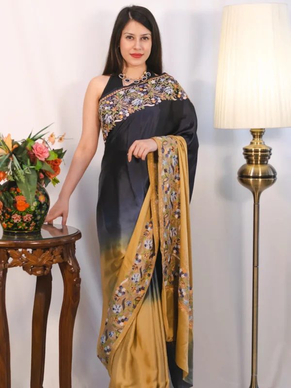 Black and Fawn Pure Satin Ombré Shaded Saree with Floral Aari Border