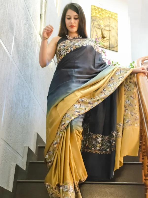 Black and Fawn Pure Satin Ombré Shaded Saree with Floral Aari Border front