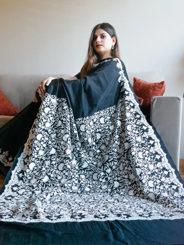 Black Crepe Silk Aari Embroidered Kashmiri Saree front