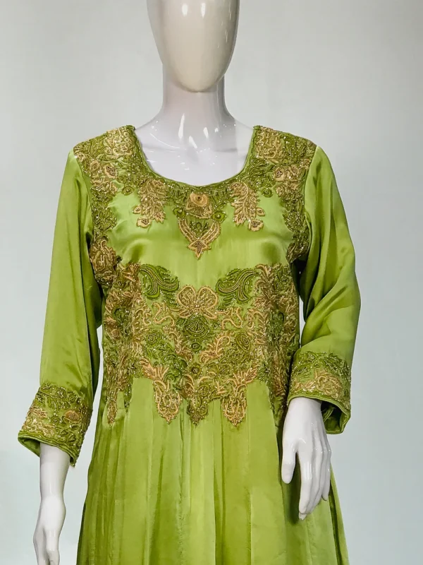 Green Crepe Silk Salwar Suit with Dabka Thread French Knot Hand Embroidery front
