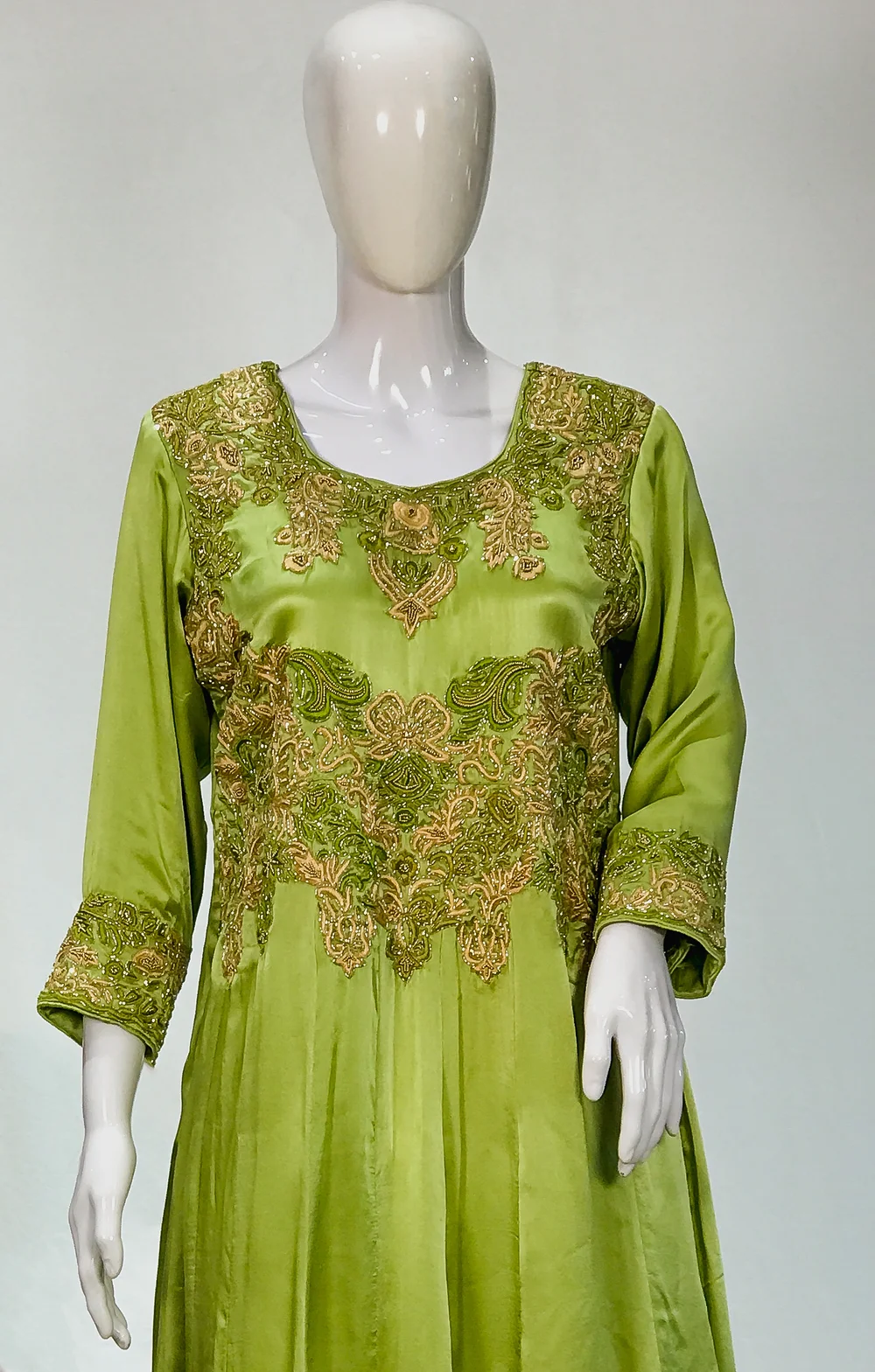 Green Crepe Silk Salwar Suit with Dabka Thread French Knot Hand Embroidery front