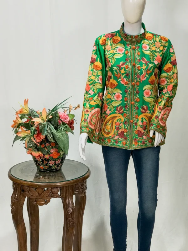 Green Short Jacket With Kashmiri Anarkali Style Paisley Embroidery