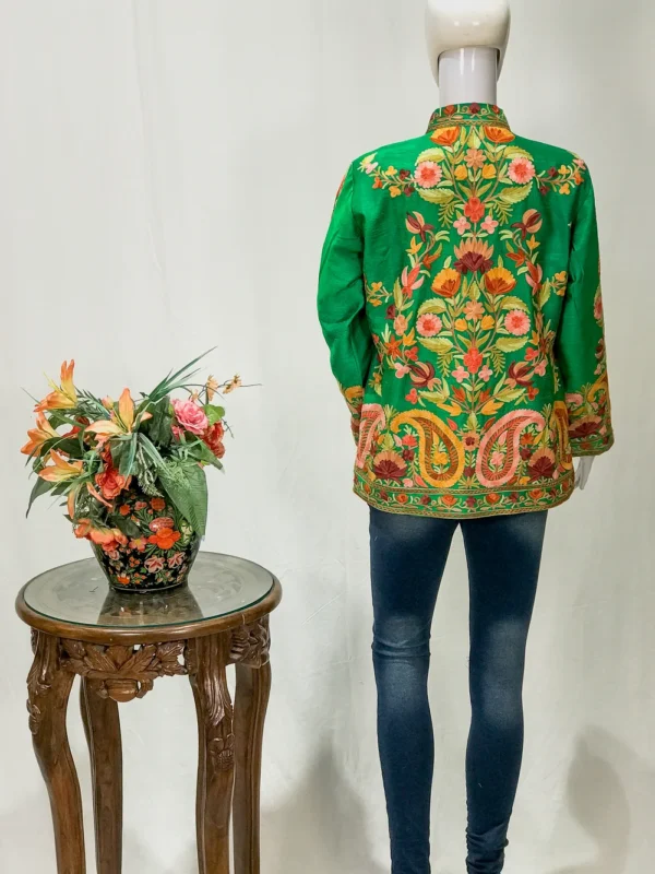 Green Short Jacket With Kashmiri Anarkali Style Paisley Embroidery front