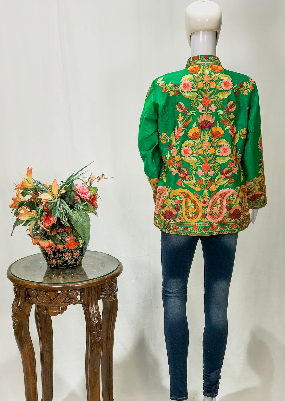 Green Short Jacket With Kashmiri Anarkali Style Paisley Embroidery front