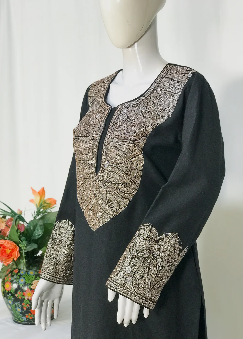Kashmiri Black Cotton Kurta with Puff Tilla Embroidery | Angad Creations
