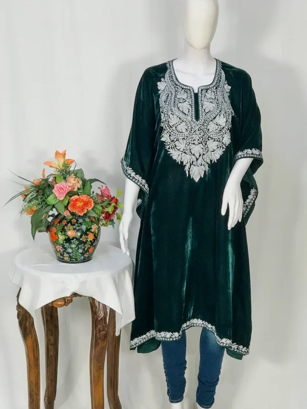 Bottle Green Velvet Kaftan with Silver Tilla Embroidery