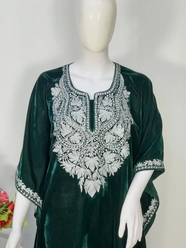 Bottle Green Velvet Kaftan with Silver Tilla Embroidery front