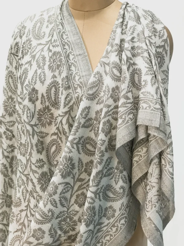 Off-White Soft Fine Wool Stole With Moss Grey Kani Weaves and Sareosky Detailing front