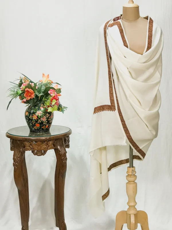 Off-White Soft Fine Wool Shawl with Sozni Machine Embroidery