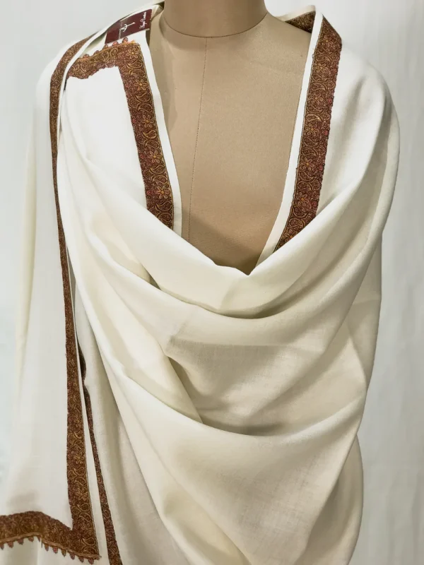 Off-White Soft Fine Wool Shawl with Sozni Machine Embroidery front